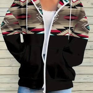 Ethnic Style Tribal Printed Zip-up Sweatshirt, Women'S Four-season Travel And Casual Hooded Pullover, Machine Washable, Versatile And High-quality Style
