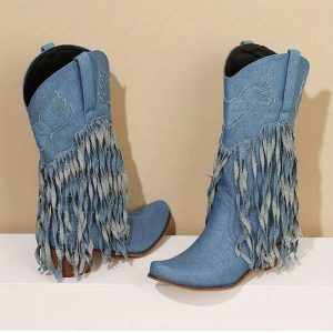 Women's Western Cowboy Boots - Wide Calf Mid-Calf Pull-On Boots with Chunky block heel, Non-Slip Rubber outsole - Cowboy boots for Western dancing, country events, Everyday western style - Easy Slip-On Design, Cowboy Accessories, Western Dance Footwear, Denimlike Appearance, Durable Construction