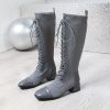 Boots with Elegant Straps, Lightweight and Stylish Square-Toe Splicing Design for Versatile Low Heel Breathable Mid-Calf Style