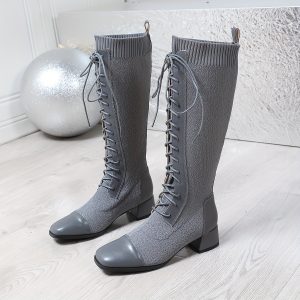 Boots with Elegant Straps, Lightweight and Stylish Square-Toe Splicing Design for Versatile Low Heel Breathable Mid-Calf Style