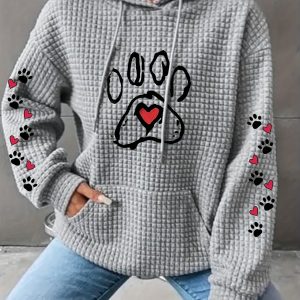 Women'S Cozy Gray Hoodie with Paw Print & Heart Design - Casual Long Sleeve Pullover with Pockets, Perfect for Fall & Winter, Casual Wear Hoodie|Playful Graphic Hoodie|Comfortable Fit Hoodie