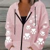 Women’s Casual Waffle Knit Hooded Jacket with Cute Cat Paw Print, Zipper Closure and Drawstring – Machine Washable Polyester, Geometric Pattern