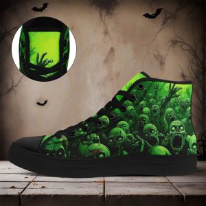 Men's Plus Size Gothic High-Top Sneakers with Skull & Zombie Hand Print - Green Glow Accent Dark Gothic Design, Lace-Up Casual Shoes for Halloween, Urban Streetwear & Everyday Comfort (Breathable Fabric & Cushioned Rubber Sole) - All-Season Trainers