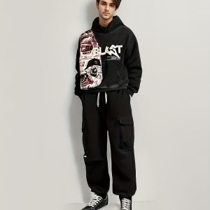 Men'S Hip-Hop Harajuku Streetwear Oversized Hooded Sweatshirt with Japanese Anime Manga Print - Heavyweight Winter Warmth, Loose Fit Casual Pullover for Anime Conventions & Casual Attire, All-Season () - Ideal for Layering & Statement Outfits
