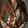 Women’s Cowhide Leather-like Jacket – Cow Print Brownu002FBeigeu002FTan Stand Collar Button-Front Blazer, Western Cowgirl Style Coat for Fallu002FWinter, Machine Washable Outerwear (No Dry Clean) – Elegant Cow Spot Design