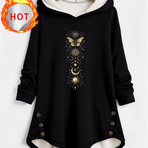 Women'S Cozy Black Hooded Sweatshirt with Golden Butterfly & Floral Print - Warm Fleece-Lined Hood, Button Details, Drawstring, Machine Washable - Perfect for Fall & Winter Casual Wear, Autumn Winter Apparel | Floral Print Hoodie | Durable Fabric Hoodie
