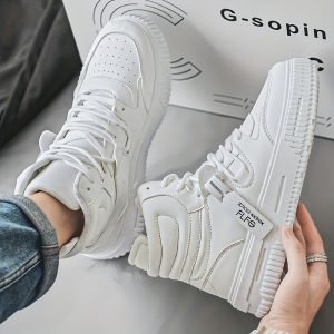 Unisex High-Top Outdoor Casual Sneakers - White Synthetic, Breathable Fabric Lining, TPR Sole for All-Season Comfort & Durability, Perfect for Hiking, Sports & Casual Attire