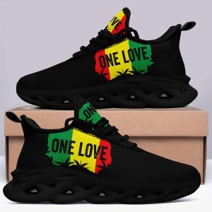 Men's Lightweight Breathable Sneakers - ONE LOVE Graphic Streetwear Shoes in Greenu002FYellowu002FRed - Cushioned EVA Sole Gym, Travel, Everyday - Lace-Up Low-Top Trainers - Plus Size Available - All-Season Casual Shoes, Gym Footwear, Vibrant Design, Durable Construction, Urban Fashion