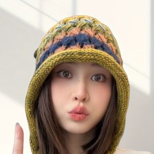 Men'S & Women'S Winter Beanie - Soft Loose-Fit Multi-Color Striped (GreenOrange) Windproof Earlobes & Tassel Trim, Lightweight Warm Unisex for ski Hat for Outdoor Activities, Machine Washable Cold Weather Accessory - Autumnu002FWinter Casual & Sports Be