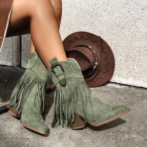 Women'S Vintage Western Cowboy Boots with Rivet Details & Fringe - Slip-On Pointed Toe Chunky Heel, Green Fabric Upper & TPR Sole for Casual All-Season Wear, Cowgirl Boots, Allseason Footwear, Pointedtoe Boots, Durable Construction, Stylish Outfit