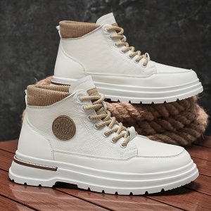 Men'S High-Top Skate Sneakers - All-Season Versatile Casual Shoes with Round Toe & Lace-Up Closure, Faux Cover Upper & Rubber Sole, Comfortable Mid-Calf Height for Skateboarding, Casual Attire - Retro Streetwear Style, Durable All-Terrain Traction (
