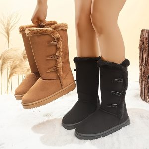 Women's Slip-On Mid-Calf Boots - Warm Lined, Thick Rubber Sole Anti-Slip, Flat Comfortable, Size 36-42 Black