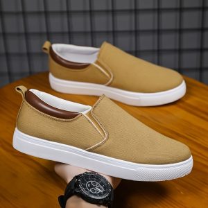 Men's Solid Color Breathable Slip On Canvas Shoes With Elastic Strap, Comfortable And Durable Outdoor Walking Shoes