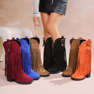Women'S Slip-On Chunky Platform Boots - Slip-Resistant TPR Sole, All-Season Comfortable High Heels for Casual & Formal Outfits - Available in Red, Blue, Black, Brown, Orange - Everyday & Special Events, High Heel Boots, Versatile Footwear, Fringe Boot Design, Durable Footwear, Fashionconscious Women, Trendy Footwear, Soft Fabric Lining, Fashion Women