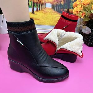 Women's Winter Warm Fleece Mid-Calf Short Boots - Vibrant Red Glossy Fau Cover Round Toe Wedge Heel Zipper Closure Casual & Dress Shoes