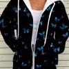 Women’S Zip-Up Hoodie Jacket – Elegant Blue Butterfly Print Coat, Long Sleeve Outerwear for Fallu002FWinter, Casual Chic Jacket for Everyday & Formal Events, Fall Fashion, Stylish Coat, Comfortable Fit, Zippered Coat, Winter Wardrobe, Fall Fashion Coat, Durable Fabric, Office Wear