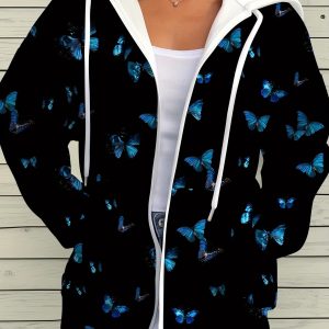 Women'S Zip-Up Hoodie Jacket - Elegant Blue Butterfly Print Coat, Long Sleeve Outerwear for Fallu002FWinter, Casual Chic Jacket for Everyday & Formal Events, Fall Fashion, Stylish Coat, Comfortable Fit, Zippered Coat, Winter Wardrobe, Fall Fashion Coat, Durable Fabric, Office Wear