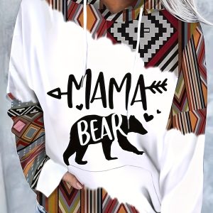 Long Sleeve Mama Bear Print Drawstring Casual Drop Shoulder Hoode, Women's Clothing