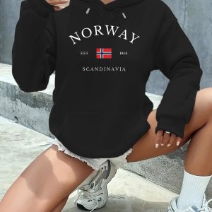 Women'S Norway Flag Print Hooded Sweatshirt - Norway Flag & Scandinavian Text Design, with Red & Lettering, Casual Winter Warmth, Autumn Pullover For Women (machine Washable) - Ideal For Travel & Casual Attire, Winter Clothing, Autumn Apparel