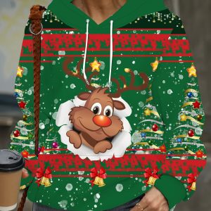Women'S Festive Christmas Reindeer Hoodie - Cozy Long Sleeve Pullover with 3D Digital Print, Cute Animal Design, and Pockets for Holiday Wear, Christmas Clothes