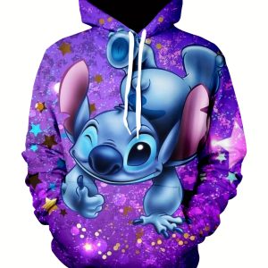 Disney Stitch Cute Cartoon Character Graphic Print Hoodie Sweatshirt Casual Hooded with Pocket Women All Over Print Perfect Gifts for Family and Friend Clothing