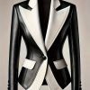 Formal Contrast Color Blazer with Peaked Lapel – Black & White Two-Tone Design, Machine Washable, Structured Fit for Year-Round Elegant Style