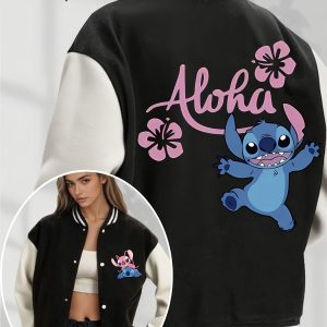 Disney Official Women's Baseball Jacket, High-Quality Stitched Fabric with Double-Sided Cartoon Print, Fleece-Lined Outerwear for Parties and Festivals, Festival Wear, Stylish Jacket, Cozy Fleece, Women's Jacket, Festival Goers