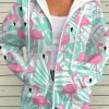 Women’s Pink Flamingo Print Jacket Coat – Full-Zip Hooded Winter Outerwear, Zipper Closure Front, Machine Washable Cold Weather Jacket for Vacation, Everyday & Special Occasions – Women’s Fashion Outerwear, Vacation Outfit, Playful Design, Quality Stitching, Stylish Hoodie, Casual Wear