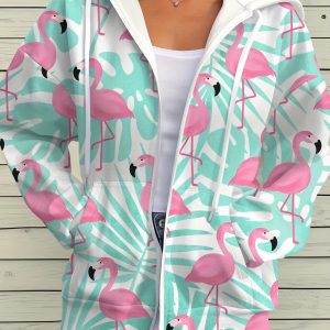 Women's Pink Flamingo Print Jacket Coat - Full-Zip Hooded Winter Outerwear, Zipper Closure Front, Machine Washable Cold Weather Jacket for Vacation, Everyday & Special Occasions - Women's Fashion Outerwear, Vacation Outfit, Playful Design, Quality Stitching, Stylish Hoodie, Casual Wear
