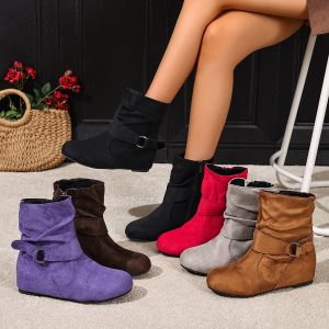 Women's Korean Style Chunky Low-Heel Mules - Slip-Resistant Rubber Sole & Round Toe, Light Greyu002FBeigeu002FBrownu002F - Soft Fabric Upper with Buckle Closure, Minimalist Elegant Casual to Formal Boots for Everyday & Semi-Formal Wear, Comfortable & Versatile for Jeansu002FSkirtsu002FDresses, Vintage Boots For Women, Dark Brown Boots For Women, Wide Width Boots For Women, High Boots For Women