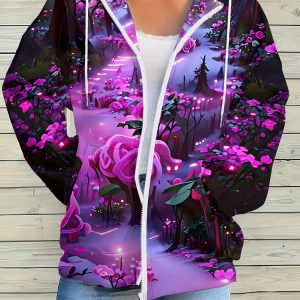 Ladies' Loose And Casual Hooded Zip-up Sweater, with A Dreamy Purple Floral Theme Print, Creating A Full Sense Of Atmosphere. The Loose Fit Is Comfortable And Versatile, Easily Creating A Romantic, Sweet And Cool Style!