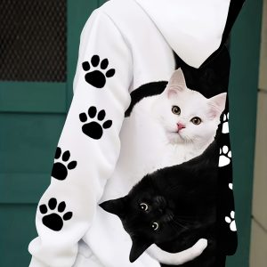 Women's Comfortable Cat Print Hoodie - Casual Long Sleeve Pullover, Machine Washable, Polyester