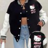 Sanrio Hello Kitty Women’s Jacket – Cute Pink Bow & Hello Kitty Face Patch, Black & Pink Color-Block Baseball Collar Coat, Soft Warm Fabric with White Lining, Casual Outerwear for Autumnu002FWinter, Kawaii Anime Style (Easy Wear, Hand Washable) – Perfect for Everyday & Themed Events, Medium Stretch Comfortable Fit with Button Closure, Trendy Hello Kitty Letter Print Design