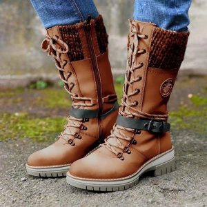 Women'S Winter Lace-Up Mid-Calf Boots with Thick Low Heel - Pointed Toe & Round Heel, Round-Stitched Upper, Zipper Closure, Warm Round Toe & Arch Support - Slip-Resistant Rubber Sole, Tanu002FCoffee Brown - Versatile for Casual & Formal Outfits (Super Fiber)