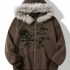 Y2K Style Women’s Hoodie with Faux Fur Trim, Long Sleeve, Loose Fit, Alphabet Print, Knit Fabric, Polyester 95%, Elastane 5%, All-Season Hooded Sweatshirt, Oversized Hoodie