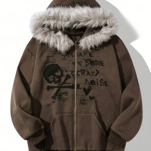 Y2K Style Women's Hoodie with Faux Fur Trim, Long Sleeve, Loose Fit, Alphabet Print, Knit Fabric, Polyester 95%, Elastane 5%, All-Season Hooded Sweatshirt, Oversized Hoodie