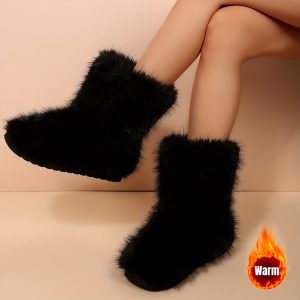 Y2K fashion faux raccoon Faux Fur mid-calf boots, winter Faux Fur boots for women, round-toe high-ankle boots with slip-resistant soles, Faux Fur  boots, thick and warm long boots
