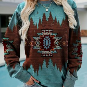 Women'S Elegant Tribal Print Sweatshirt - Turquoise Brown Red Southwestern Bohemian Pullover, Cozy Fall Winter Sweater with Cultural Flair, Indigenous Item, Fall Clothe For Women, Fall Sweatshirt For Women, Women' Sweatshirt