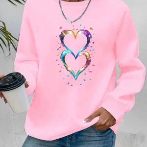Women's Pink Iridescent Mermaid Scale-like Heart Print Sweatshirt - Pastel Pink Oversized Round Neck Sweater, Cozy Winter Fall Casual Sweater for Layering, Machine Washable Pink Sweater for Parties & Casual Attire