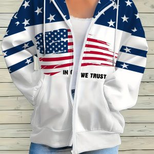 Women's Full-Zip American Flag Hooded Sweatshirt - Red, White & Blue Patriotic Full-Zip Hoodie with Front Zipper Closure, Loose-Fit Long Sleeve Winter Warmth, Machine Washable Casual Pullover for 4th of July, Casual Attire & Layering (Star & Stripe Design, Full-Body Print, Relaxed Fit, Cozy Hood, Autumnu002FWinter Clothing, Patriotic Style, Front Zipper Detail, Versatile for Casual Outings)