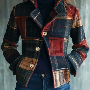 Fashionable Women'S Autumn And Winter Plaid Elegant Retro Warm Stand Collar Splicing Button Jacket Small Suit Female Jacket