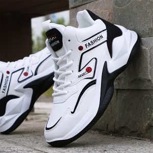 Men's High-Top Casual Sneakers - Breathable Mesh & PU Upper, Durable Rubber Sole, Whiteu002FBlacku002FRed Accents - All-Season Lace-Up Walking Shoes for Running, Gym & Casual Attire, Walking Sneakers | Casual Style | Stylish Accents, High Top Sneakers