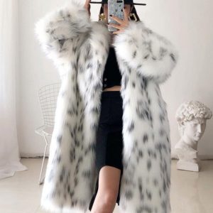 Black And White Leopard Print Women's Faux Fur Coat with Fashionable Long Collar Fox Fur Jacket