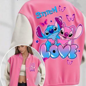 Women'S Stitch & Angel Love Heart Print Baseball Jacket - Cozy Fleece-Lined Casual Outerwear with Vibrant Cartoon Design, Black & White Striped Collar, Perfect for Fallu002FWinter Parties & Casual Attire, Winter Jacket | Playful Design | Durable Fabric