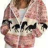 Women’s Western Horse Print Zip Hooded Jacket – Full-Zip Front Closure, Full-Body Horse & Southwestern Geometric Design (Horses, Cacti, Tribal Patterns), Machine Washable Winter Warmth, Casual Pullover with Pockets for Fall & Winter Outerwear – Brownu002FBeigeu002FRedu002FBlacku002FWhiteu002FGray – Cowboy-Themed Outerwear for Horse Lovers