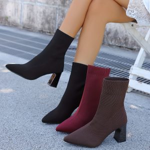Women's Slip-On Chunky High Heels - Pointed Toe Ankle boots, All-Season Elegant boots in Blacku002FBurgundyu002FBrown, Cushioned Insole & Non-Slip Rubber Sole for Dresses, Jeans, Formalu002FCasual Outfits - Easy-Clean Fabric Boots, Versatile Fashion Boot, Durable Footwear Construction