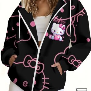 Sanrio Hello Kitty Women's Hoodie - Full-Zip Sweatshirt with Front Pocket, Cute Sanrio Character Outfit for Everyday & Party Wear (Machine Washable) - Perfect Gift for Hello Kitty Fans, Leisure Clothing, Kawaii Fashion, Quality Stitching, Zipup Jacket