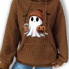 Women’S Halloween Ghost & Pumpkin Print Hoodie, Casual Knit Polyester Sweatshirt with Kangaroo Pocket, Long Sleeve Drawstring Hooded Top for Fallu002FWinter
