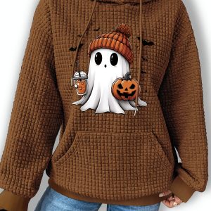 Women'S Halloween Ghost & Pumpkin Print Hoodie, Casual Knit Polyester Sweatshirt with Kangaroo Pocket, Long Sleeve Drawstring Hooded Top for Fallu002FWinter
