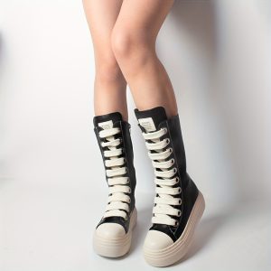 Women'S Knee High Boots, Europeanu002FAmerican Style, Solid Color, Round Toe, High Platform Heel, Lace-Up Zipper Closure, All-Season Casual Sneakers, Rubber Sole, Man-Made Materials, Thick Sole Design for Party and Daily Wear